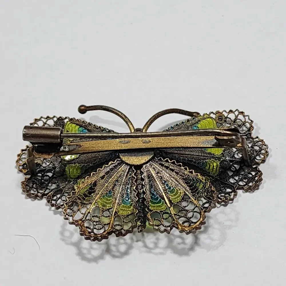 Vintage 800 Silver Butterfly Brooch Filigree Plique A Jour Enamel Blue Green
